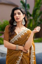 Vastranavya Brown Embroidery Work Shimmer Chiffon Saree with Unstitched Blouse | Grocsy