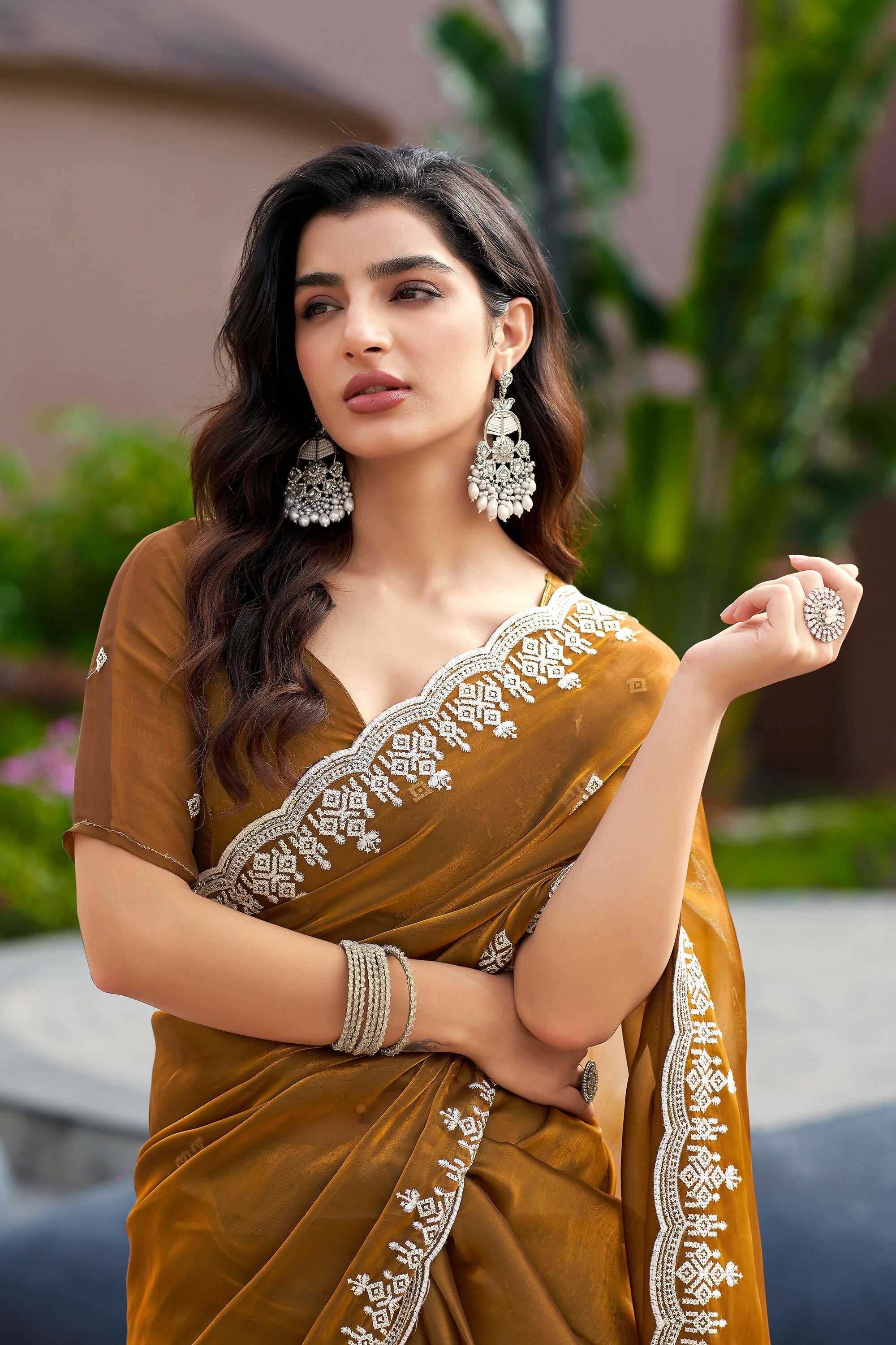Vastranavya Brown Embroidery Work Shimmer Chiffon Saree with Unstitched Blouse | Grocsy