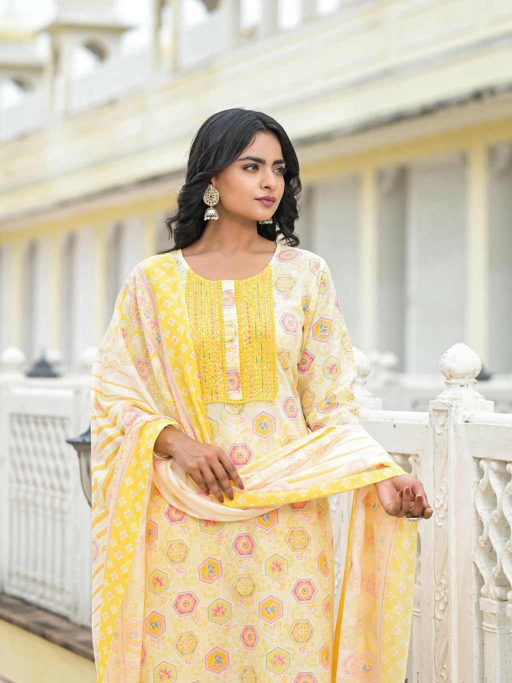Juniper Women's Yellow Floral Printed Cotton Kurta Pant With Dupatta Set With Sequins & Thread Work | Grocsy