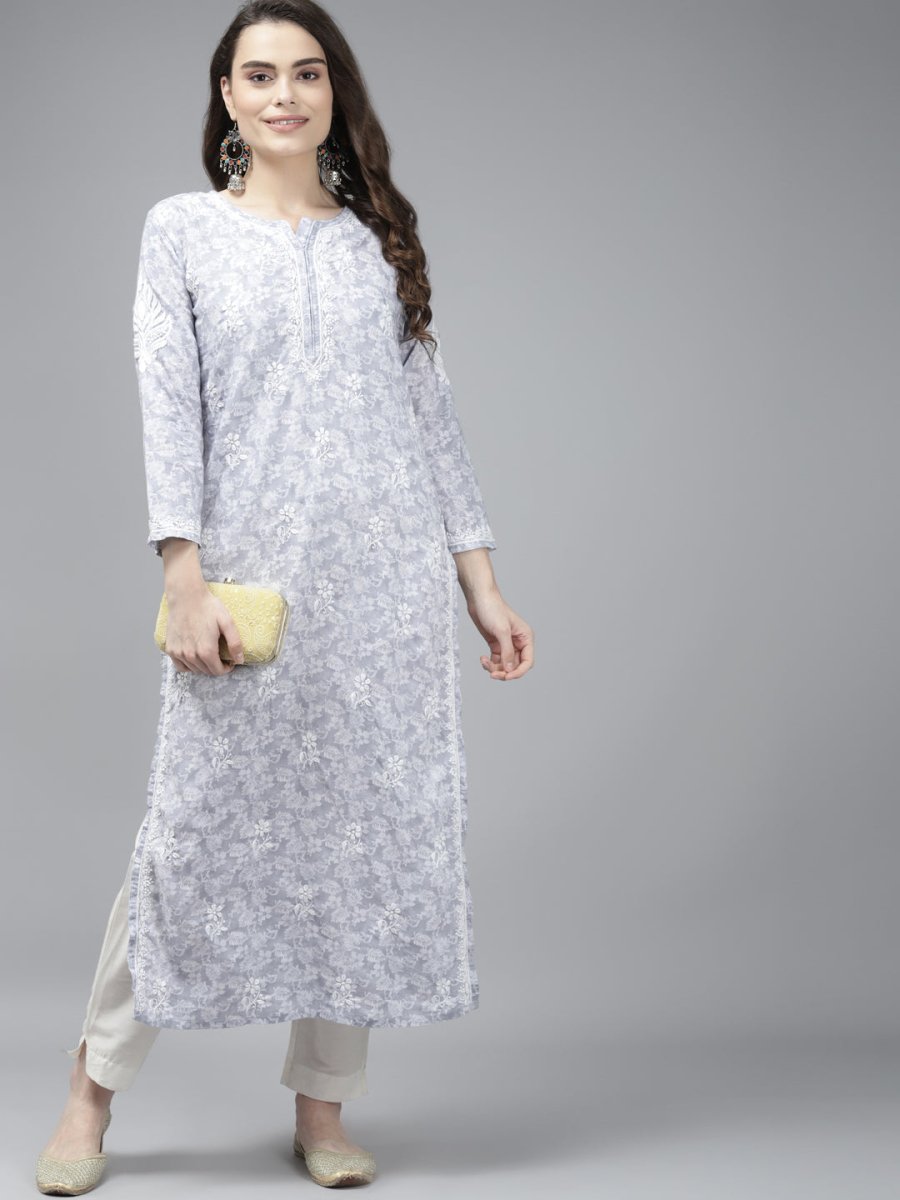 ADA Women Grey & White Floral Chikankari Cotton Handloom Kurta | Grocsy