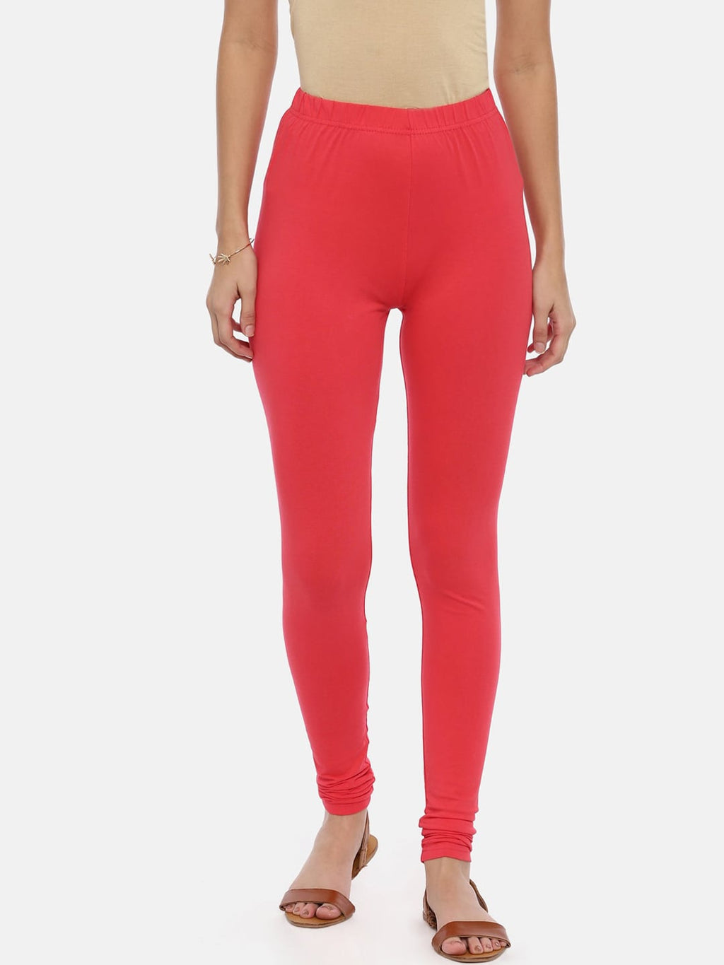 Souchii Red Solid Slim-Fit Churidar-Length Leggings | Grocsy