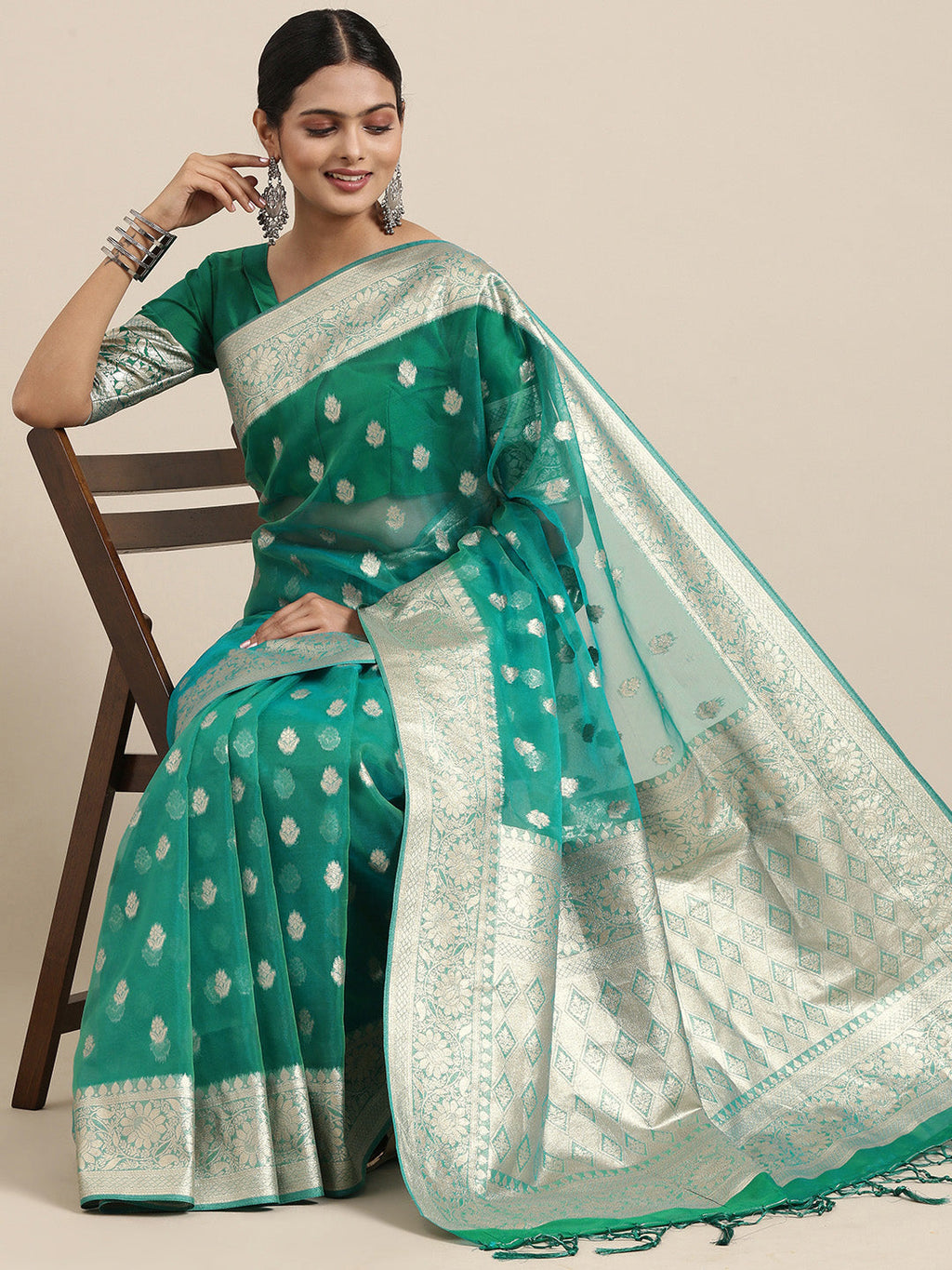 Saree Mall Green Ethnic Motifs Zari Organza Banarasi Saree | Grocsy