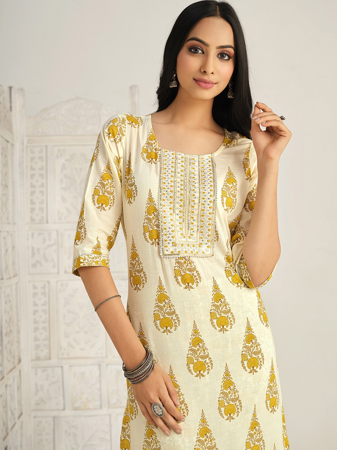 Sangria Ethnic Motifs Printed Gotta Patti Kurta With Trouser & Dupatta | Grocsy