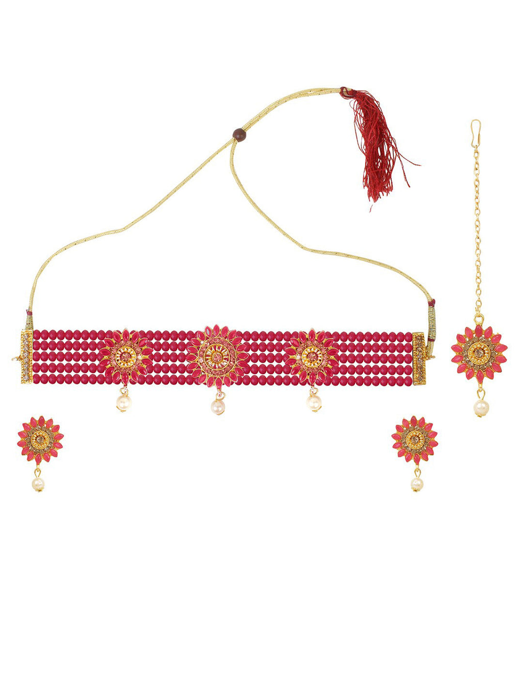 Cardinal Gold-Toned & Pink Onyx-Studded & Beaded Jewellery Set | Grocsy