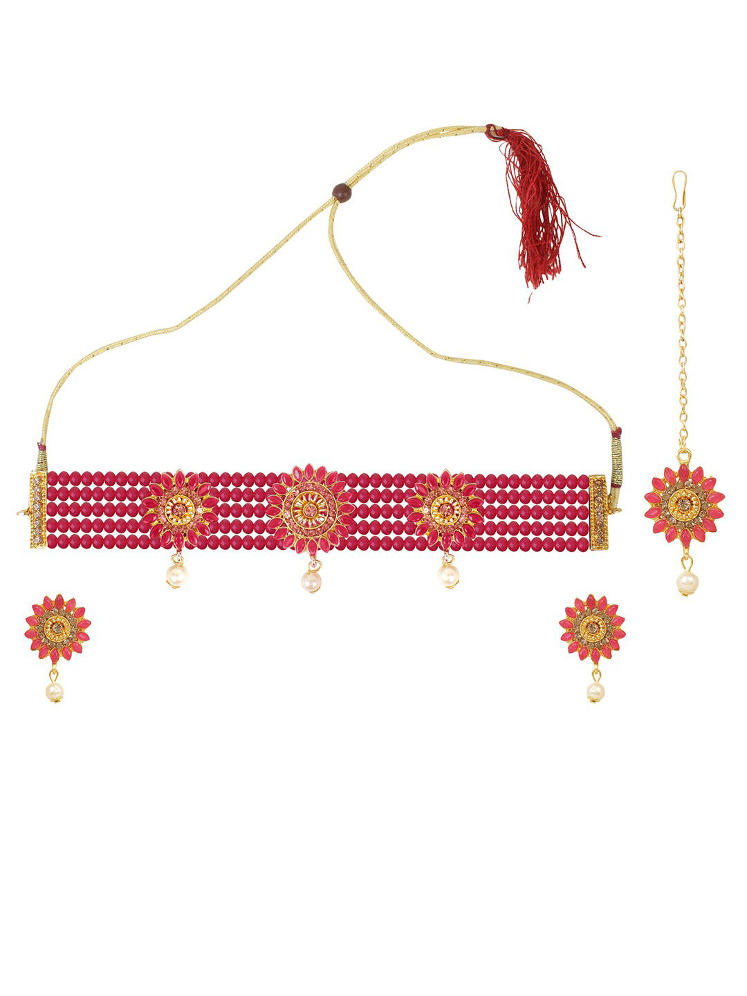Cardinal Gold-Toned & Pink Onyx-Studded & Beaded Jewellery Set | Grocsy