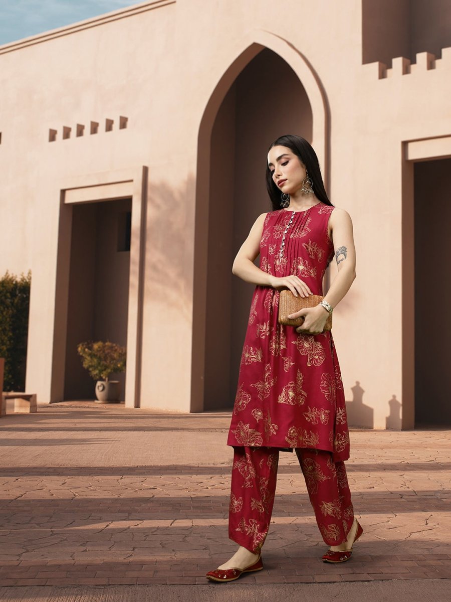 All About You Floral Print Pleated Kurta with Palazzos | Grocsy