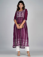 HERE&NOW Purple & White Floral Embroidered Paneled Georgette Anarkali Kurta | Grocsy