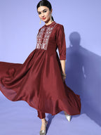 Sangria Women Maroon Ethnic Motifs Embroidered Yoke Design A-Line Kurta with Trousers | Grocsy