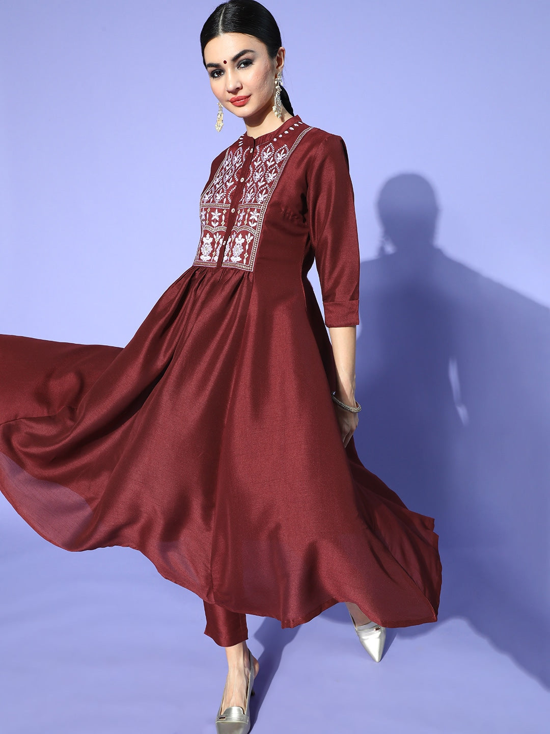 Sangria Women Maroon Ethnic Motifs Embroidered Yoke Design A-Line Kurta with Trousers | Grocsy