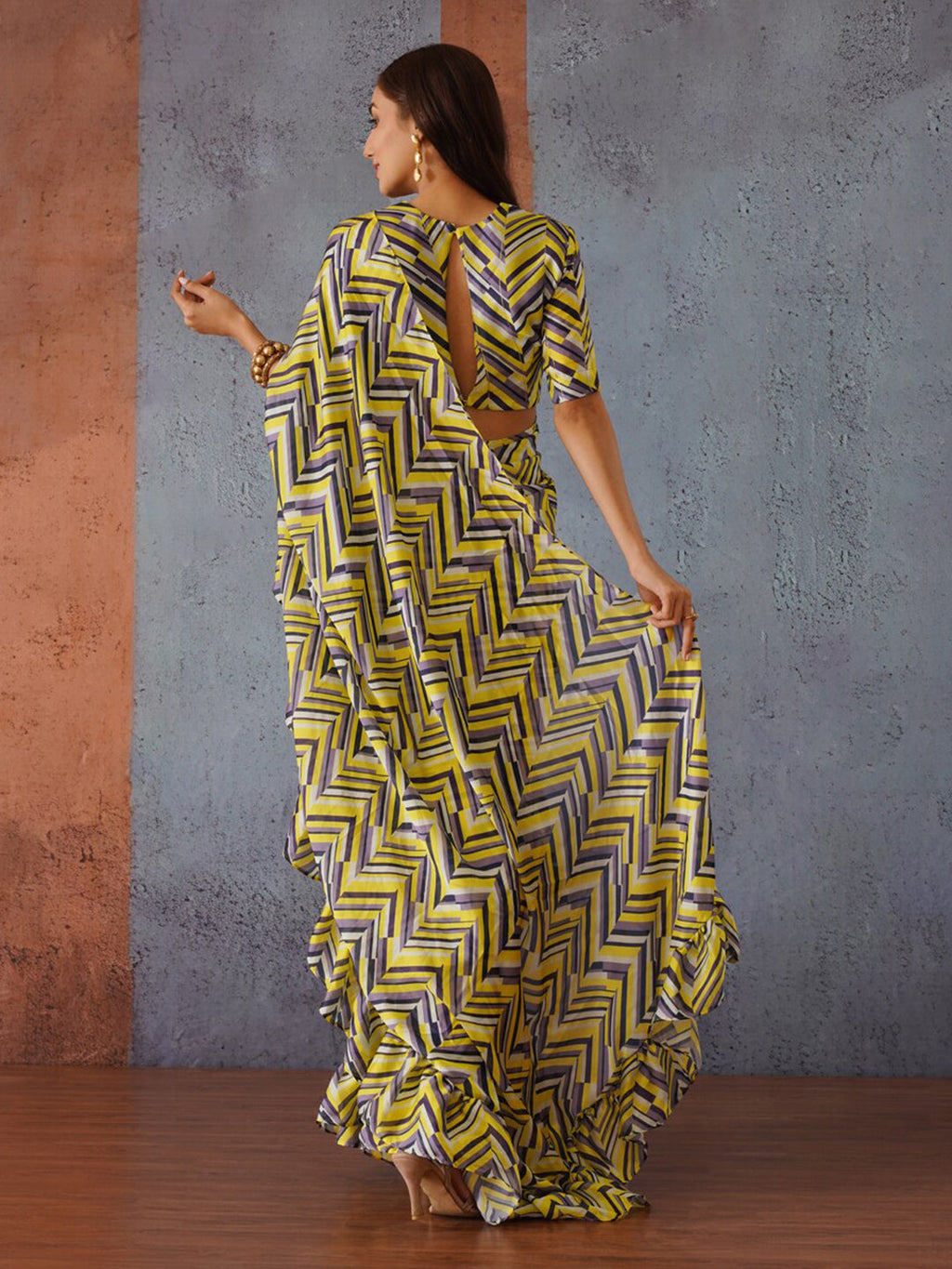 Tikhi Imli Geometric Digital Printed Ruffled Ready to Wear Saree | Grocsy