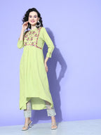 All About You Women Green Floral Embroidered Mirror Work Floral Anarkali Kurta | Grocsy