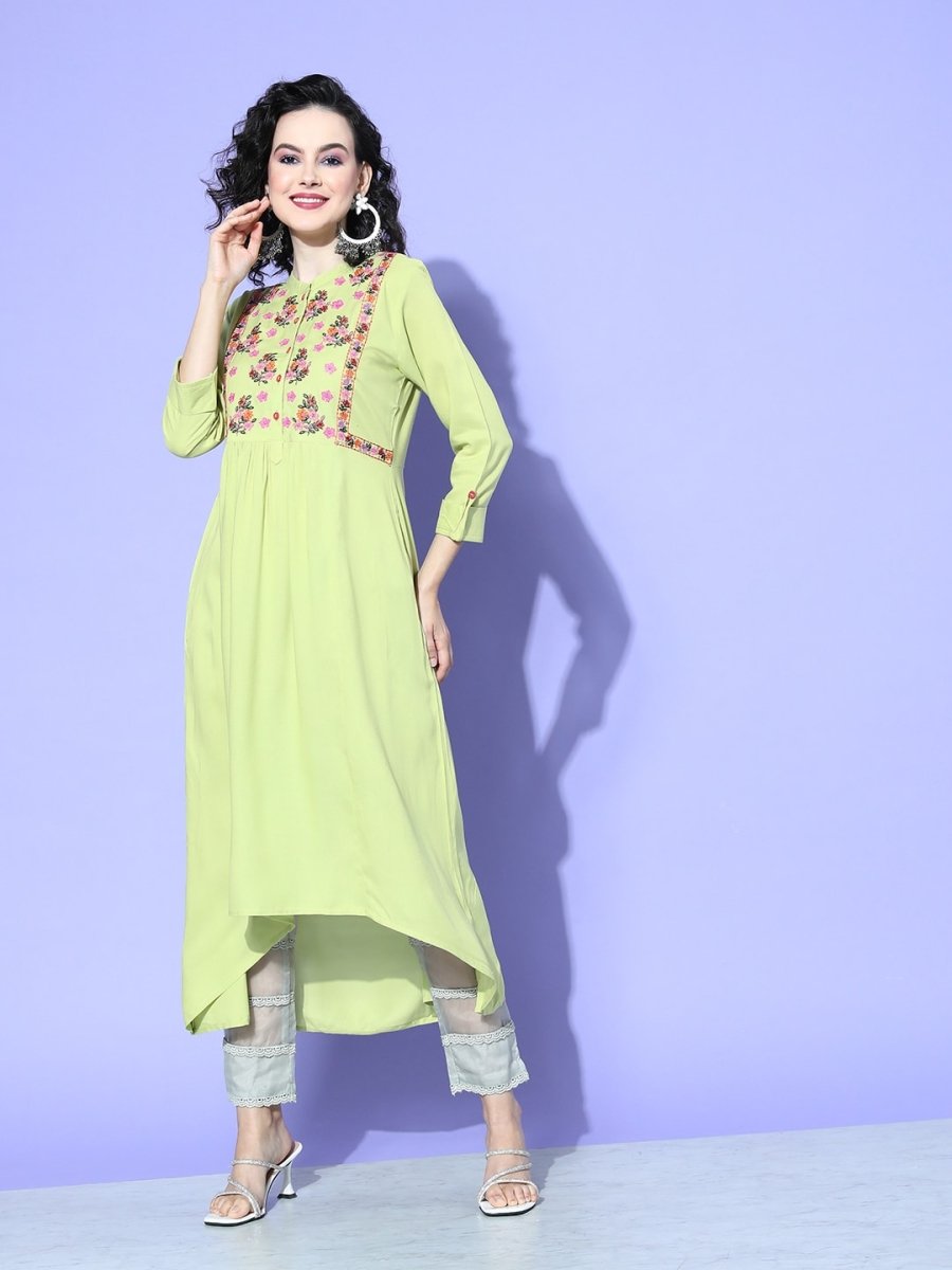All About You Women Green Floral Embroidered Mirror Work Floral Anarkali Kurta | Grocsy