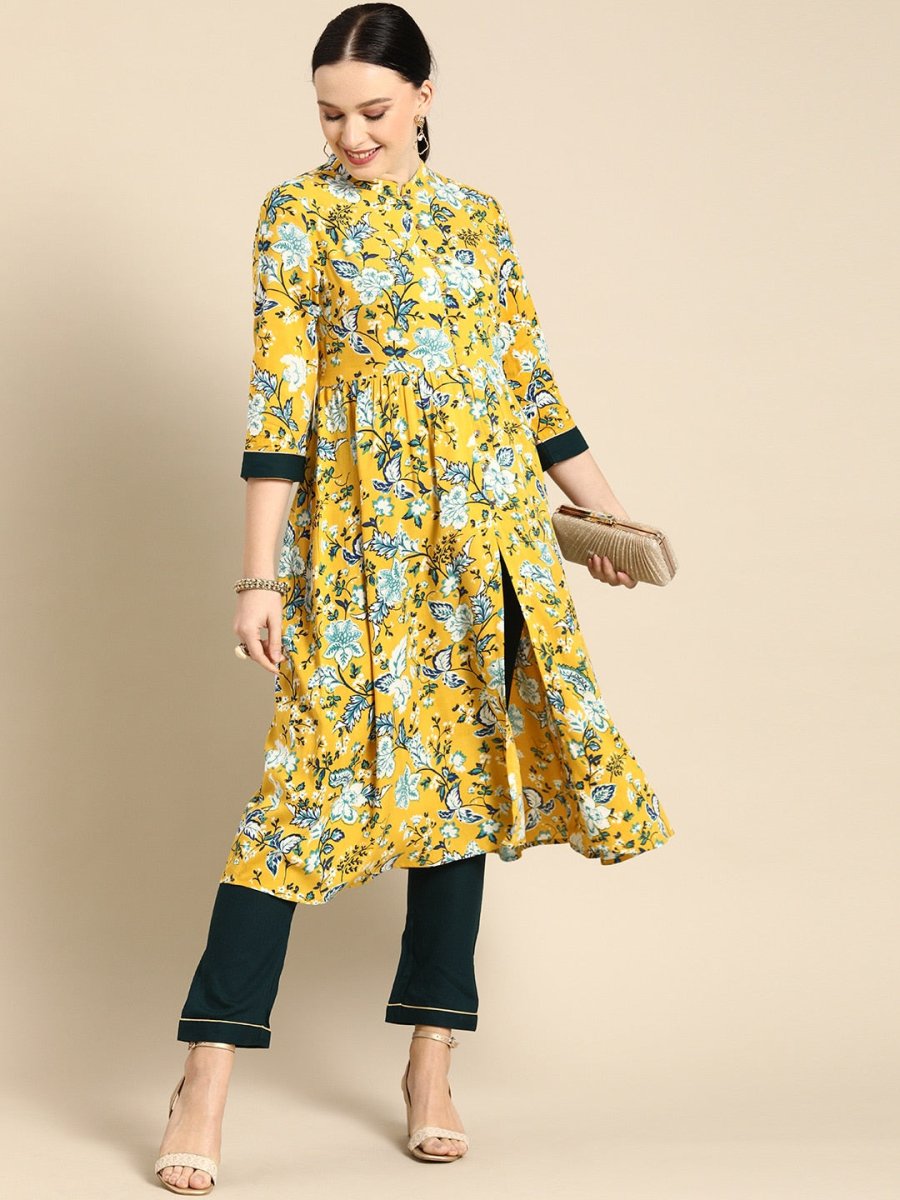All About You Women Yellow Floral Print Regular Kurta with Trousers | Grocsy