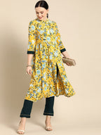 All About You Women Yellow Floral Print Regular Kurta with Trousers | Grocsy