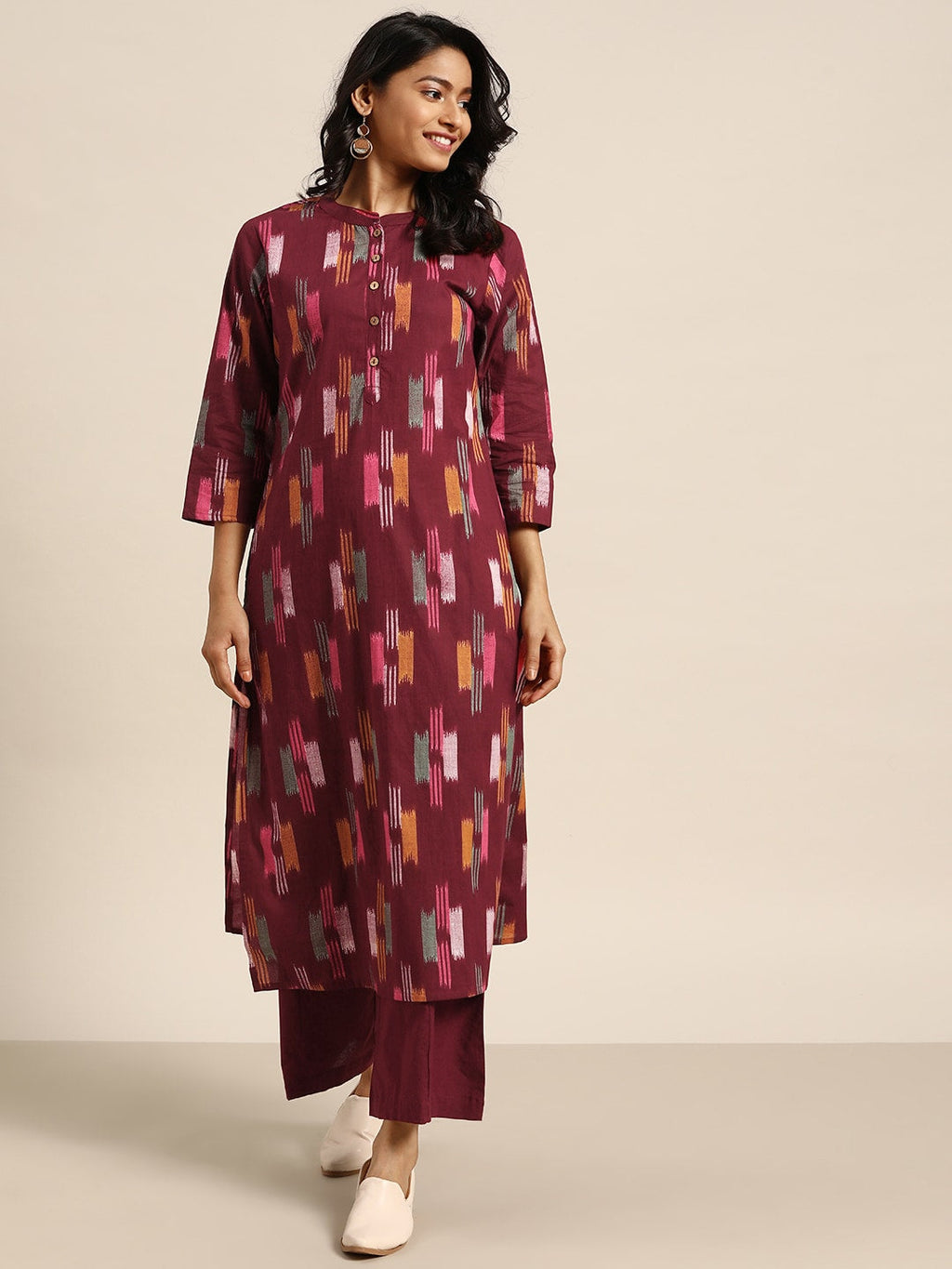 Sangria Women Burgundy & Mustard Yellow Abstract Print Cotton Kurta with Trousers | Grocsy