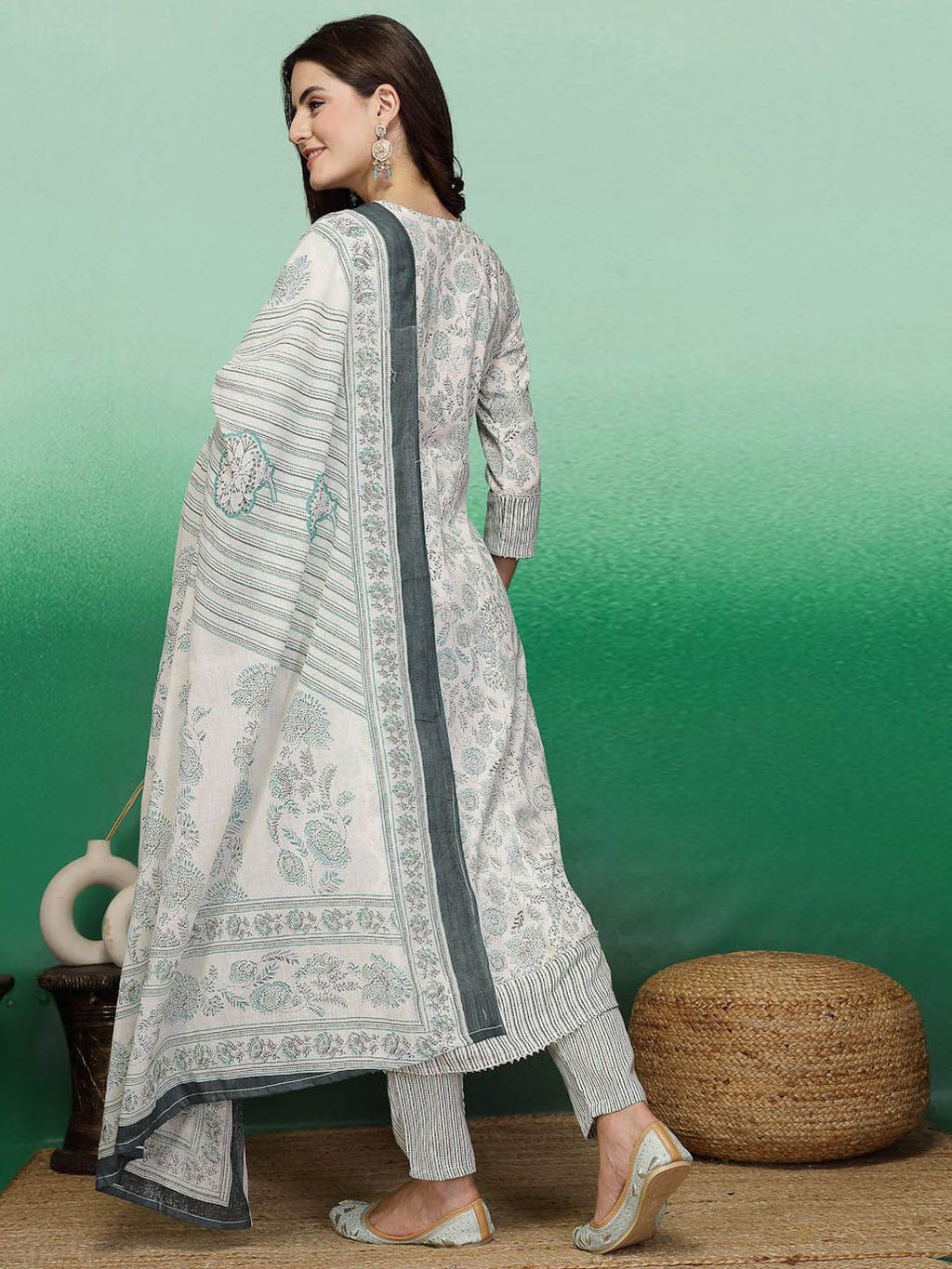 Sangria White & Green Floral Printed A-Line Kurta With Trouser & Dupatta | Grocsy