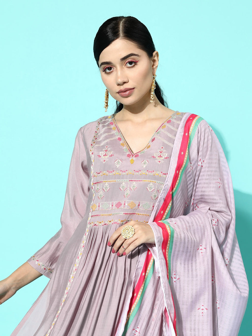 Sangria Women Lavender Ethnic Motifs Yoke Design Regular Thread Work Kurta with Trousers & With Dupatta | Grocsy