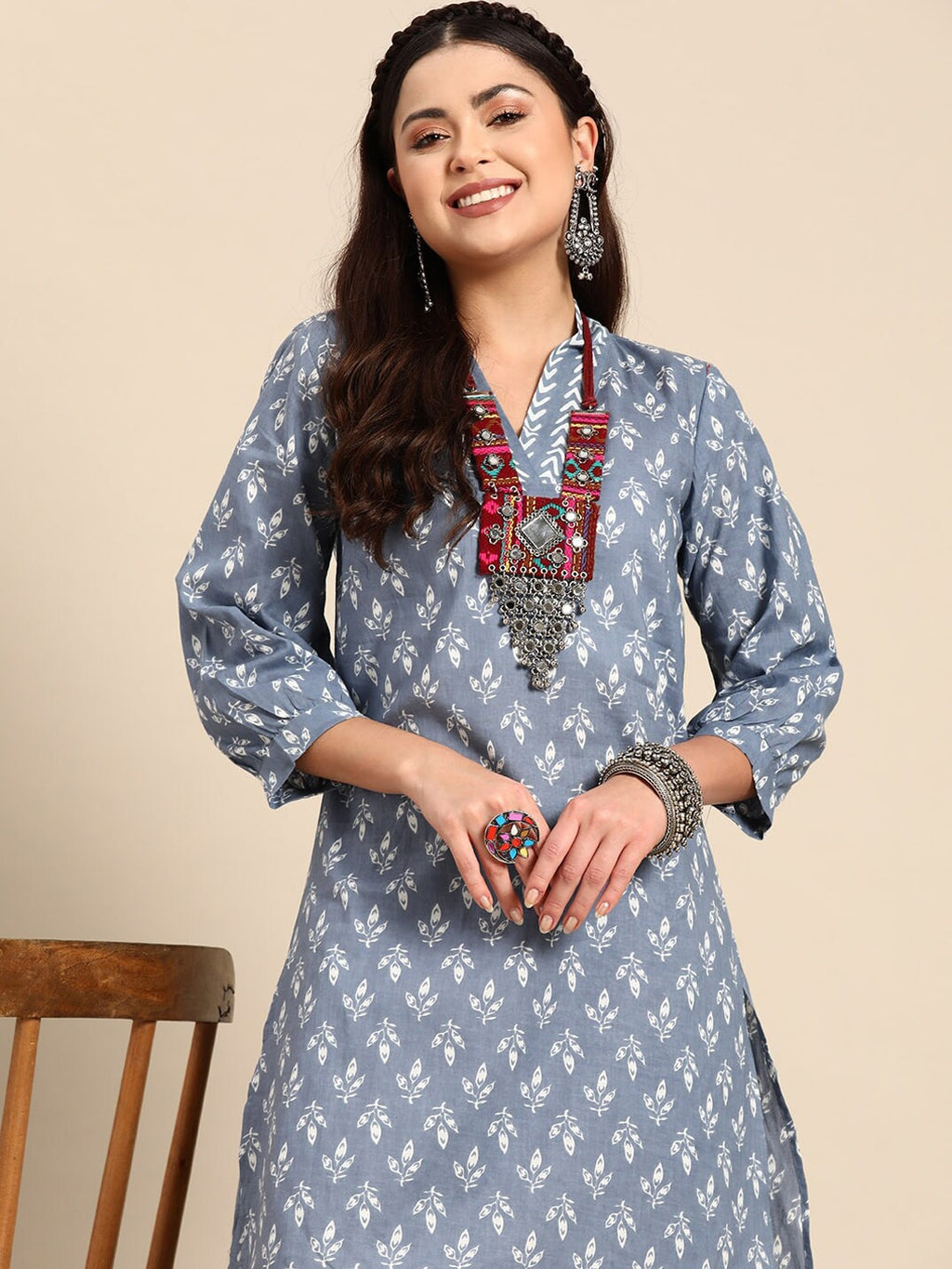Sangria Blue & White Ethnic Motifs Printed V-Neck Pure Cotton A-Line Kurta With Salwar | Grocsy