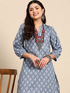 Sangria Blue & White Ethnic Motifs Printed V-Neck Pure Cotton A-Line Kurta With Salwar | Grocsy