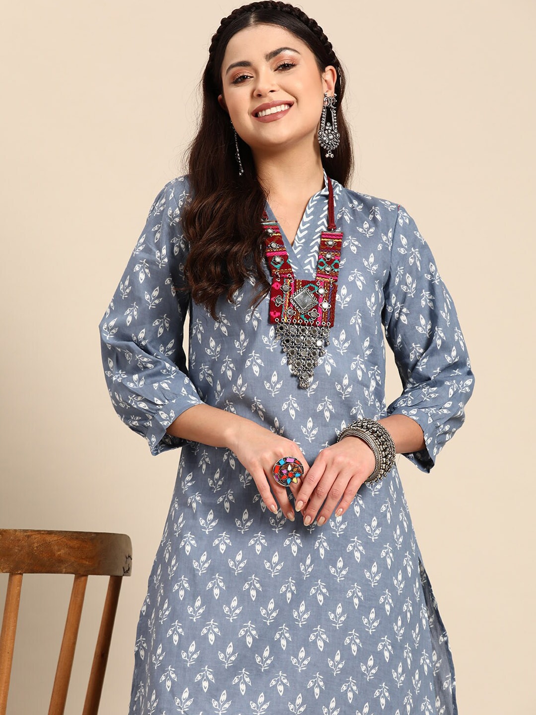 Sangria Blue & White Ethnic Motifs Printed V-Neck Pure Cotton A-Line Kurta With Salwar | Grocsy