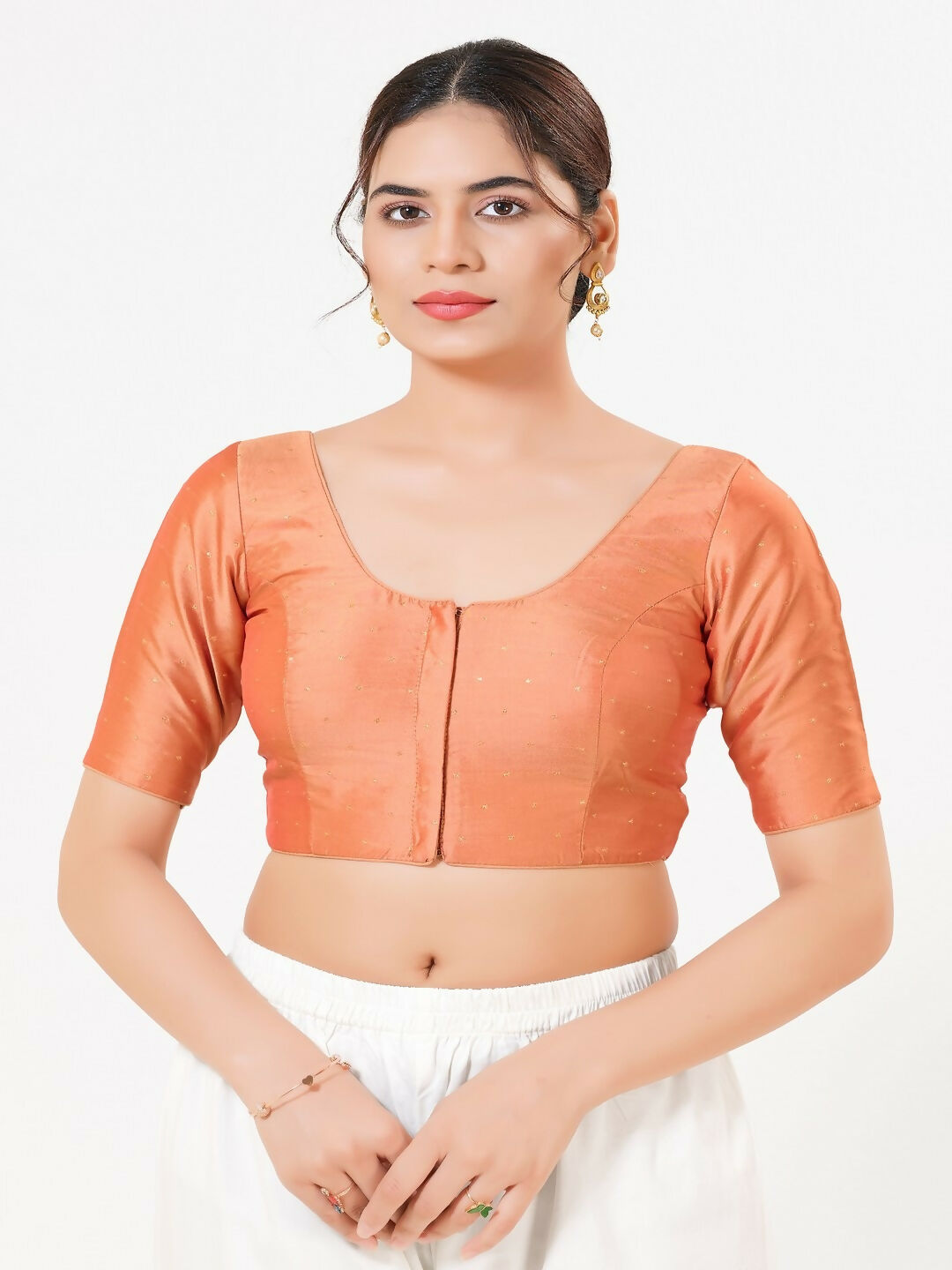 Joban Fashion Rose-Gold Taffeta Silk Elbow Sleeveless Front Open Blouse | Grocsy