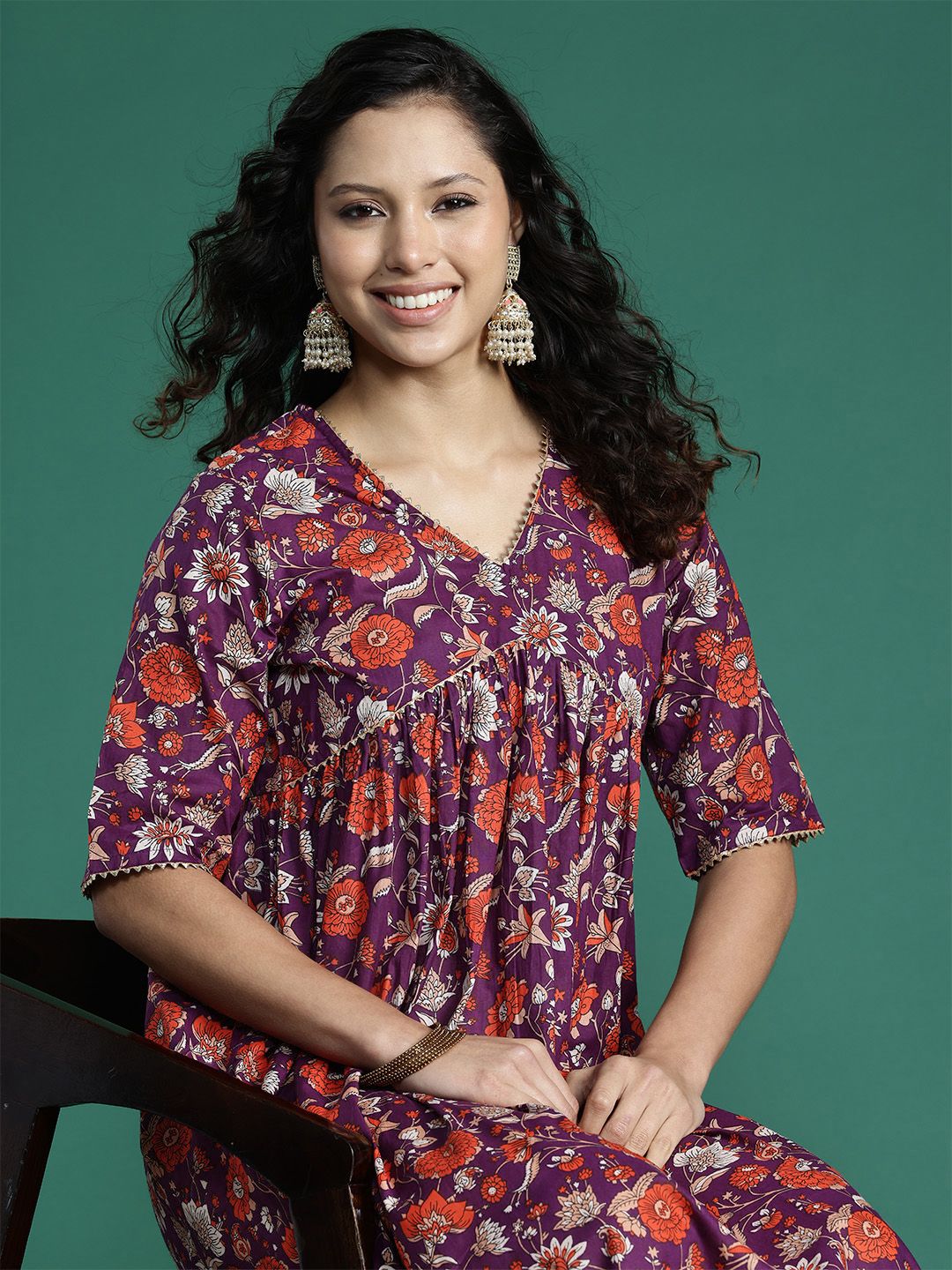 Sangria Floral Printed Gotta Patti Kurta | Grocsy
