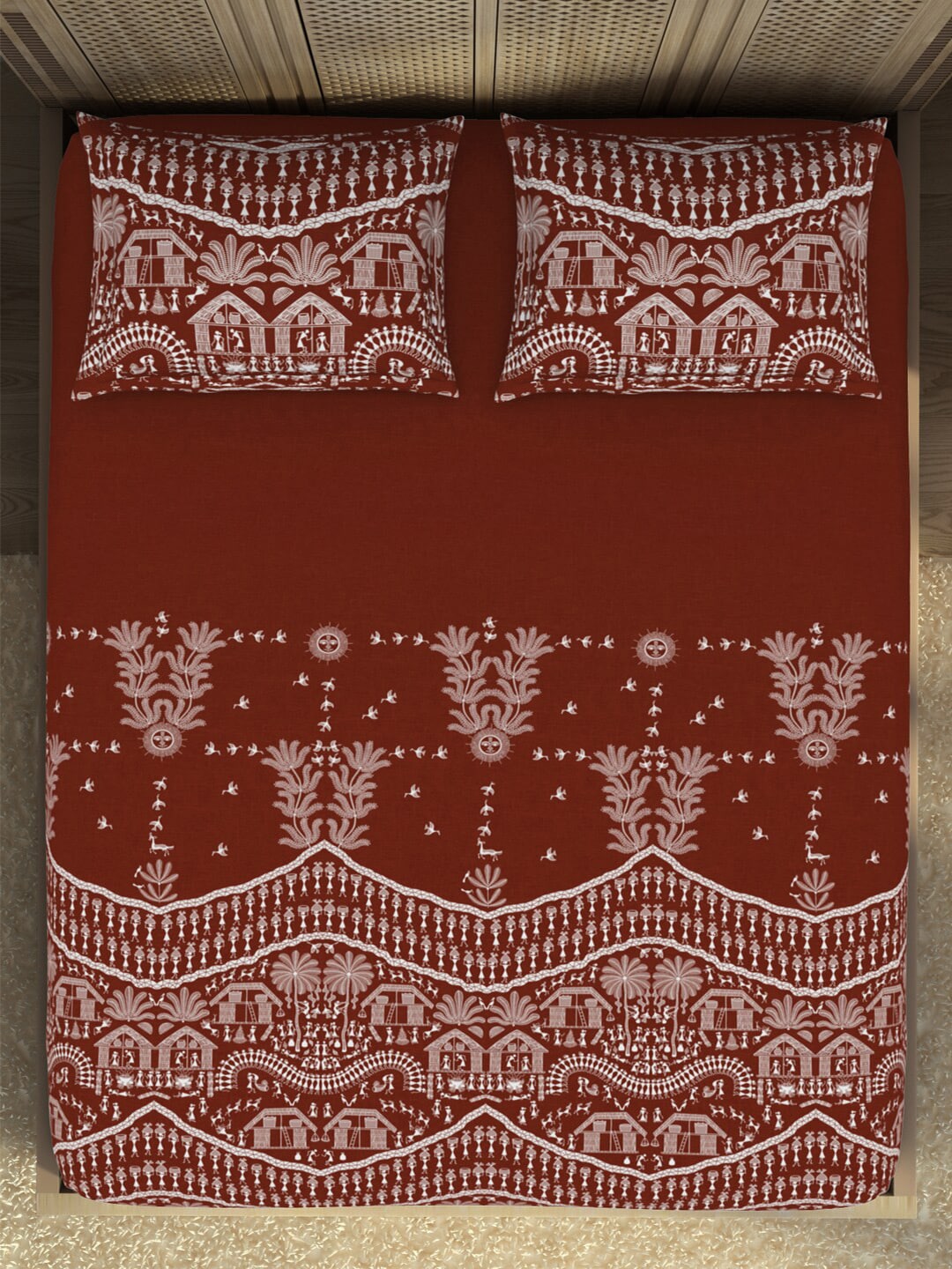 SPACES Warli Orange & White Printed Cotton 210 TC King Bedsheet with 2 Pillow Covers | Grocsy