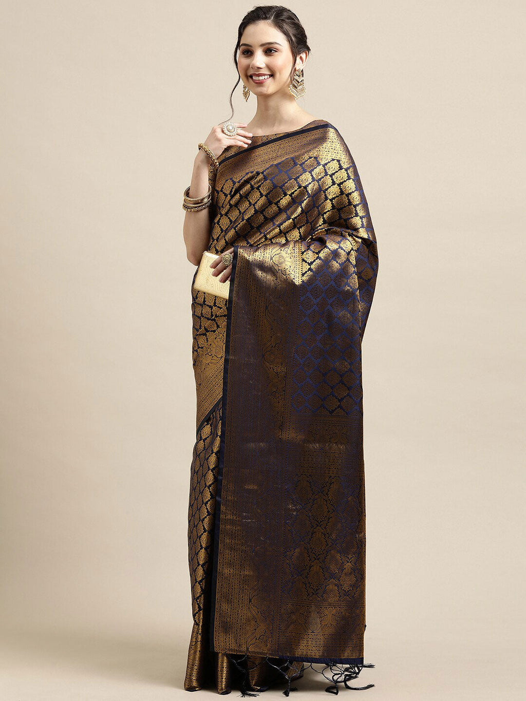 Saree Mall Navy Blue & Gold-Toned Ethnic Motifs Zari Silk Blend Banarasi Saree | Grocsy