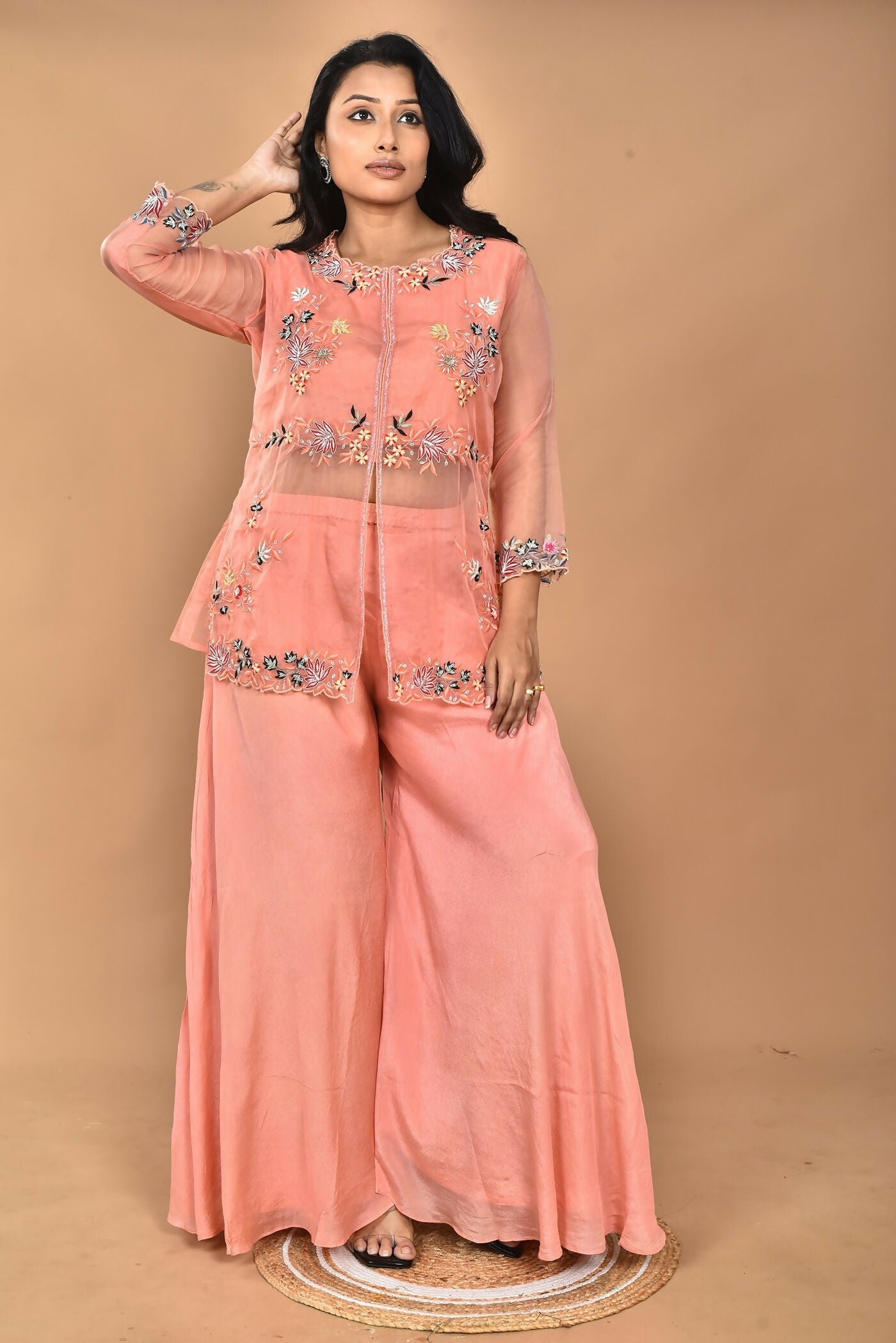 Morchari Women And Hand Embroidery Palazzo Set-Peach | Grocsy