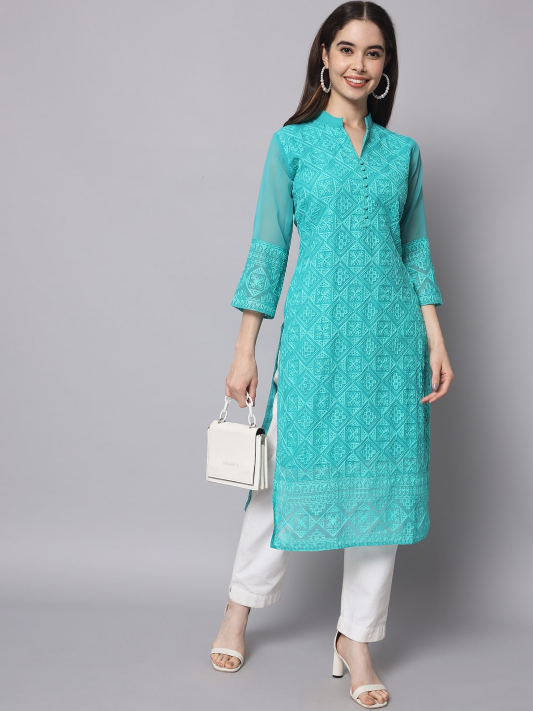 HERE&NOW Women Turquoise Blue Ethnic Motifs Embroidered Thread Work Georgette Kurta | Grocsy