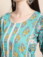 Sangria Blue & Gold Ethnic Motifs Printed Pure Cotton Kurta With Trouser & Dupatta | Grocsy