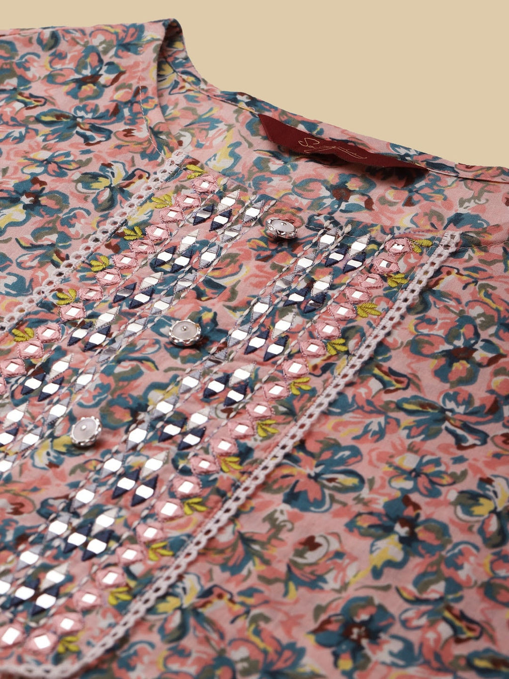 Sangria Peach & Blue Floral-Printed Pure-Cotton Straight Kurta With Trouser & Dupatta | Grocsy