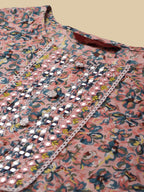 Sangria Peach & Blue Floral-Printed Pure-Cotton Straight Kurta With Trouser & Dupatta | Grocsy