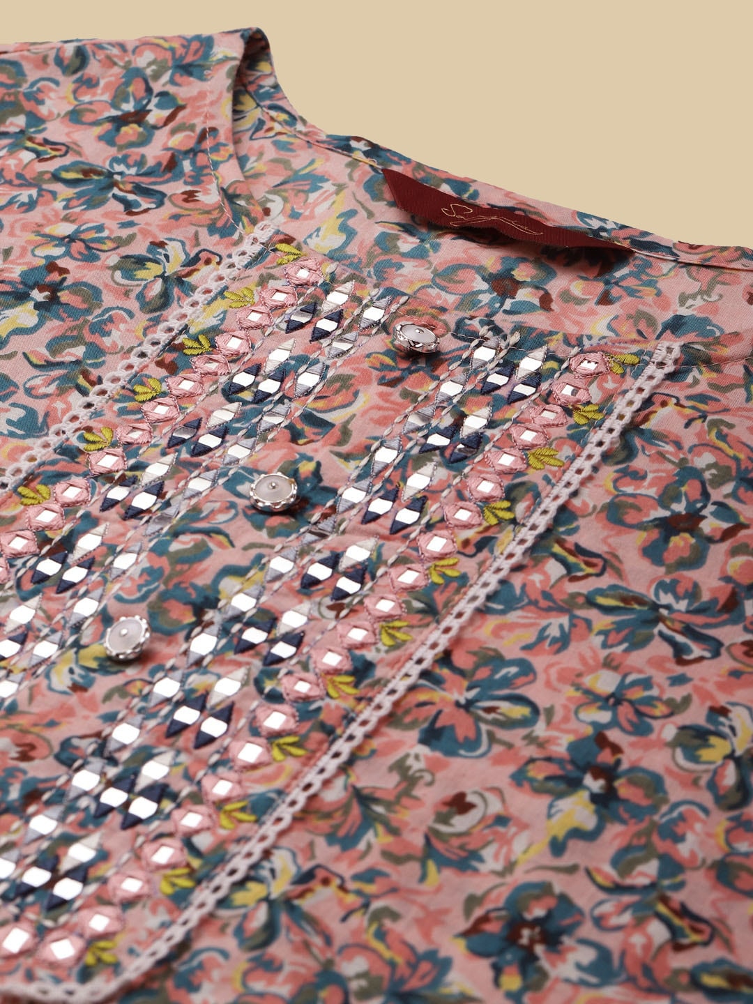 Sangria Peach & Blue Floral-Printed Pure-Cotton Straight Kurta With Trouser & Dupatta | Grocsy
