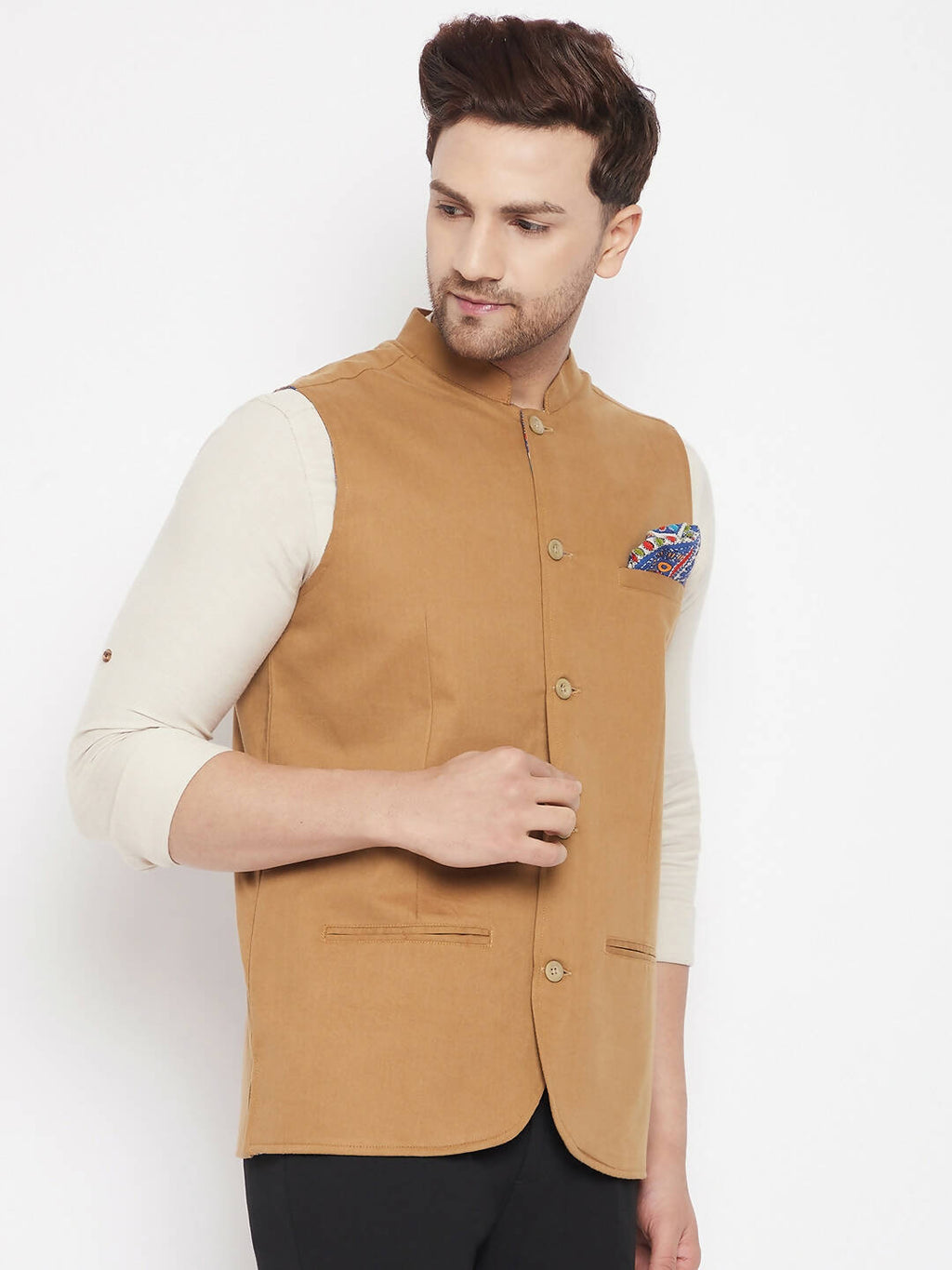 Even Apparels Brown Polyester Men's Nehru Jacket-Contrast Lining-Inbuilt Pocket Square | Grocsy