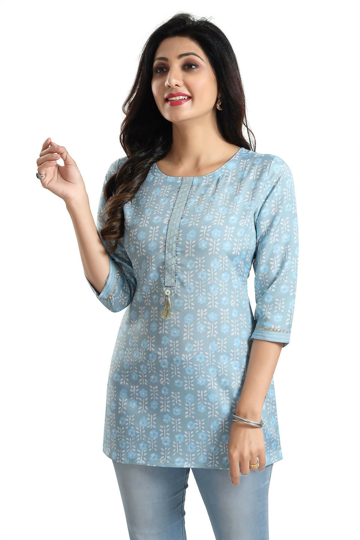Snehal Creations Pretty Pastel Sky Blue Rayon Short Kurti Tunic Top | Grocsy