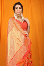 Jyoti Fashion Women's Orange Kanjivaram Silk Zari Woven Saree with Blouse | Grocsy