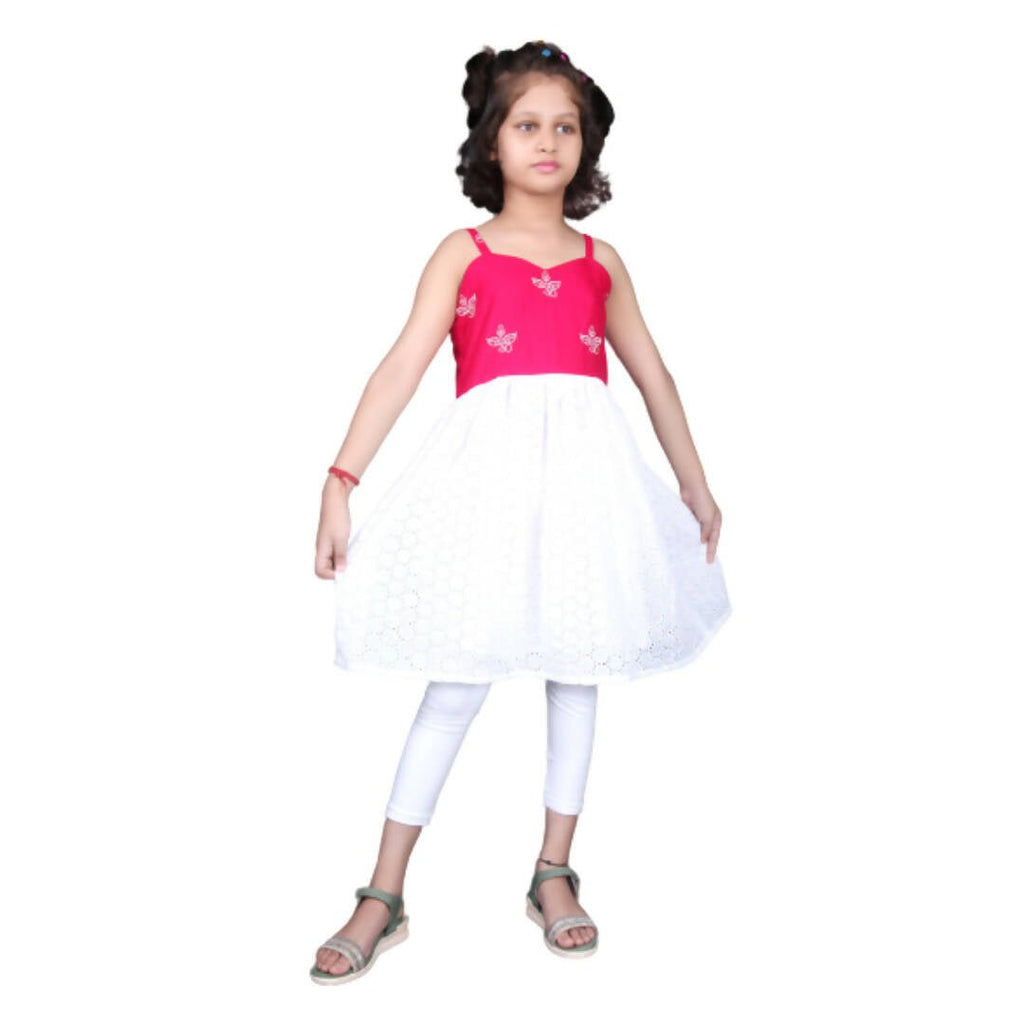 Akarshan Pure Cotton Frock Style Kurti With Leggings Set - Pink And White | Grocsy