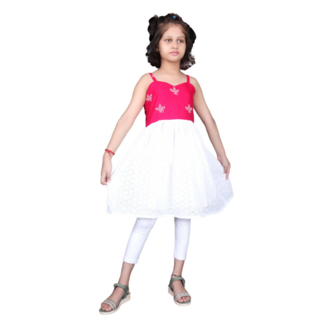 Akarshan Pure Cotton Frock Style Kurti With Leggings Set - Pink And White | Grocsy