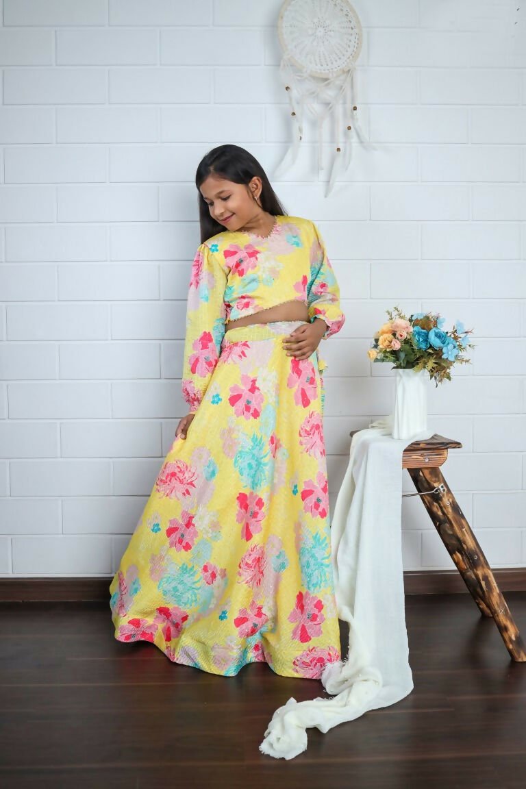 Aayaa Designer Printed Chinon Crochet Sequance Kids Lehenga Choli - Yellow | Grocsy