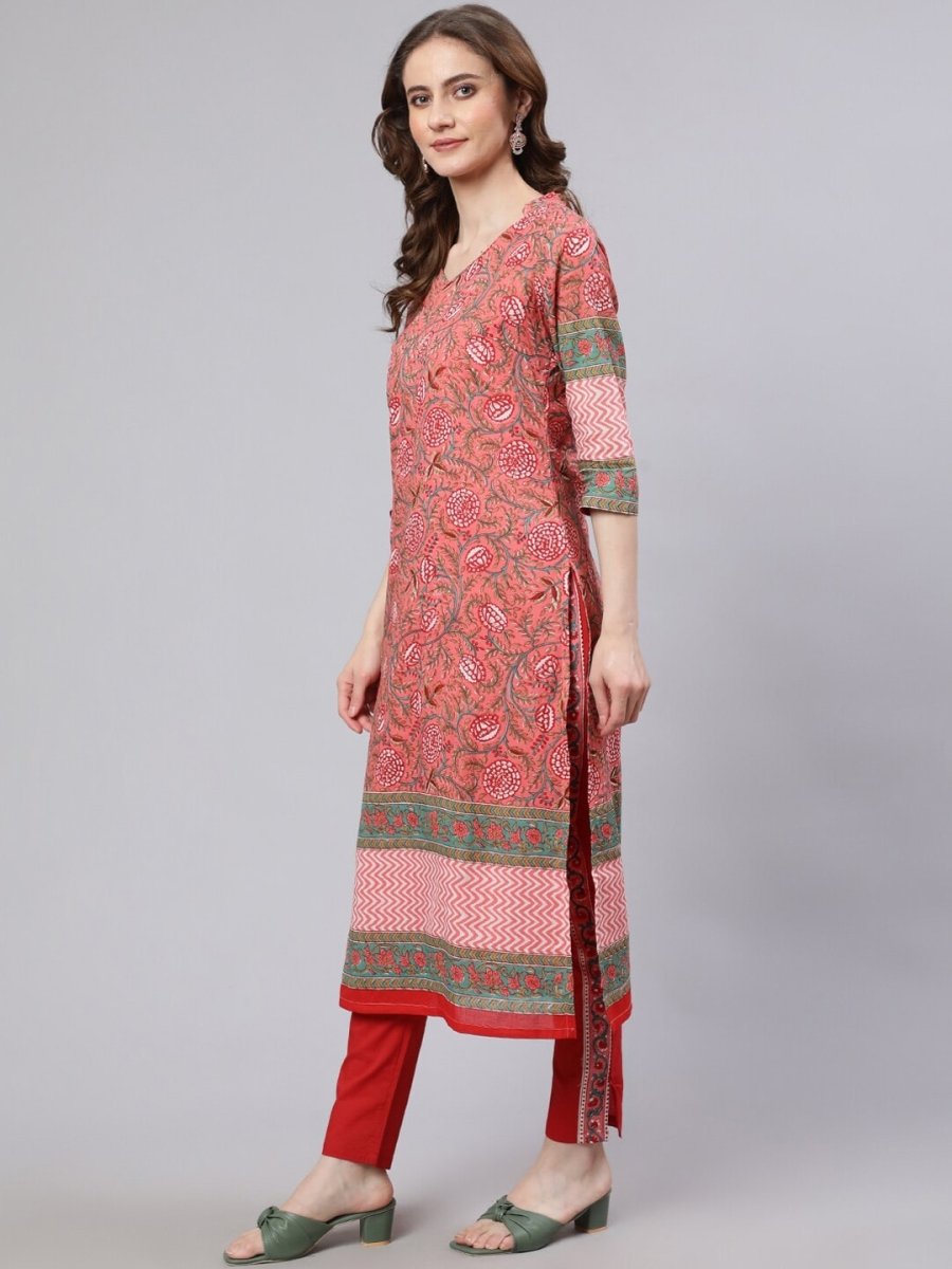 Aks Pink Floral Printed Mandarin Collar Regular Pure Cotton Kurta With Trousers | Grocsy
