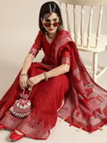 Saree Mall Saree Mall Blazing Red Linen Blend Saree | Grocsy