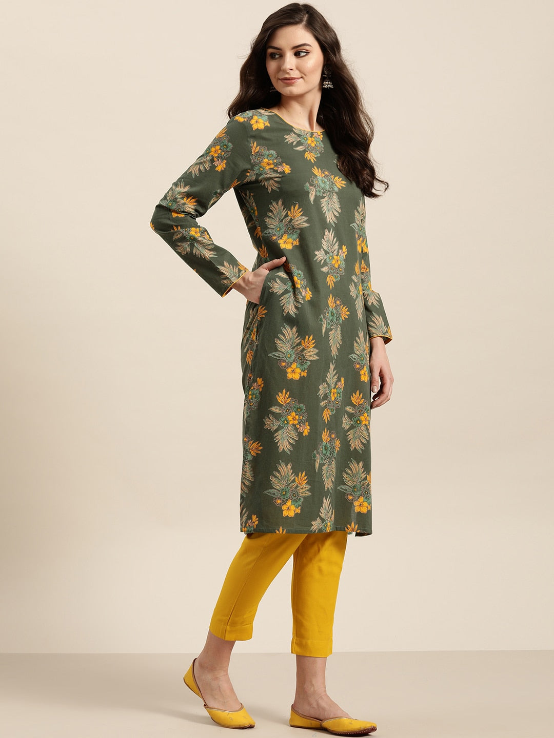 Sangria Women Olive Green & Mustard Yellow Pure Cotton Floral Printed Kurta | Grocsy