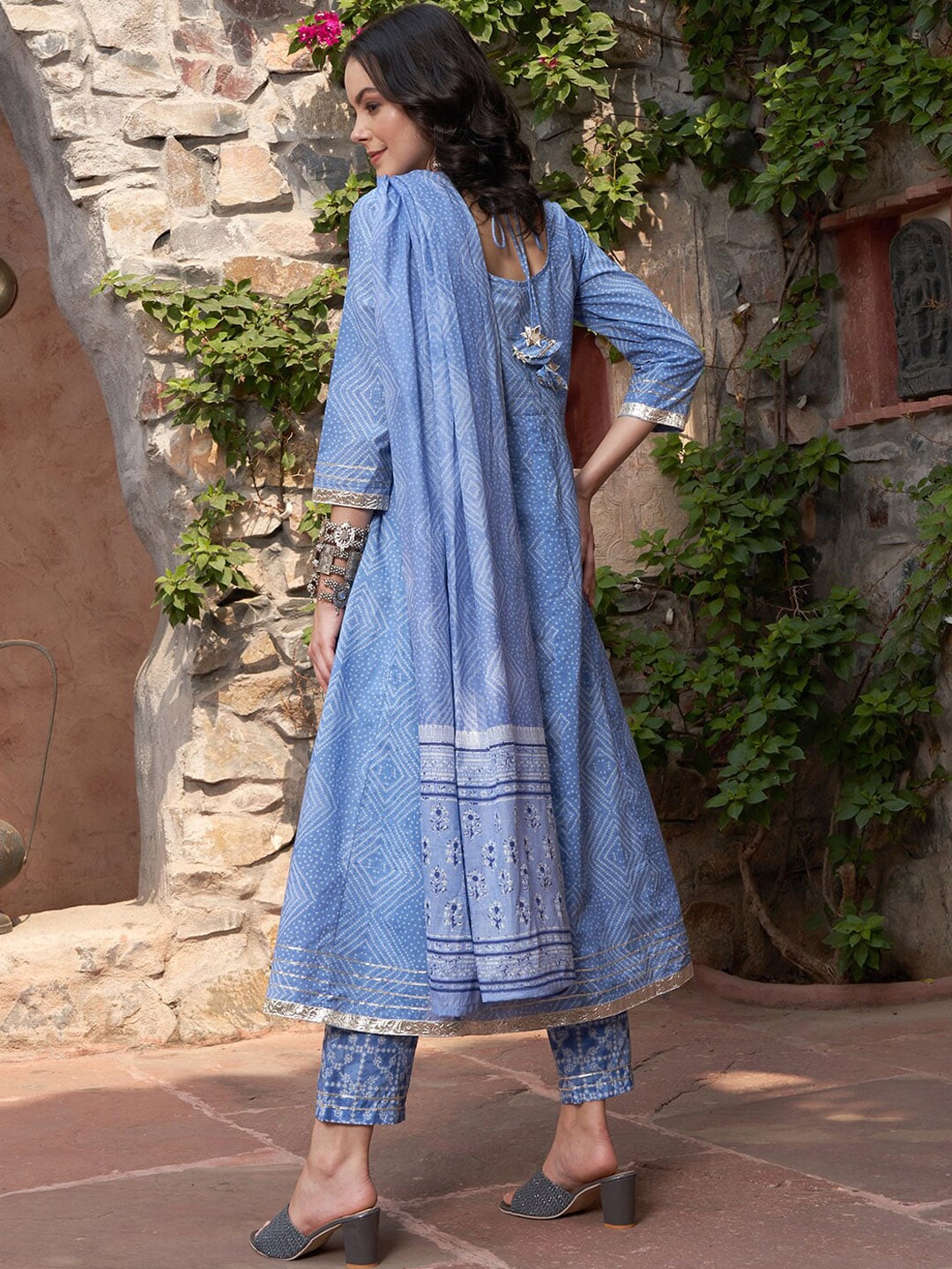 Sangria Blue Printed & Embroidered Pure Cotton A-Line Kurta With Trouser & Dupatta | Grocsy