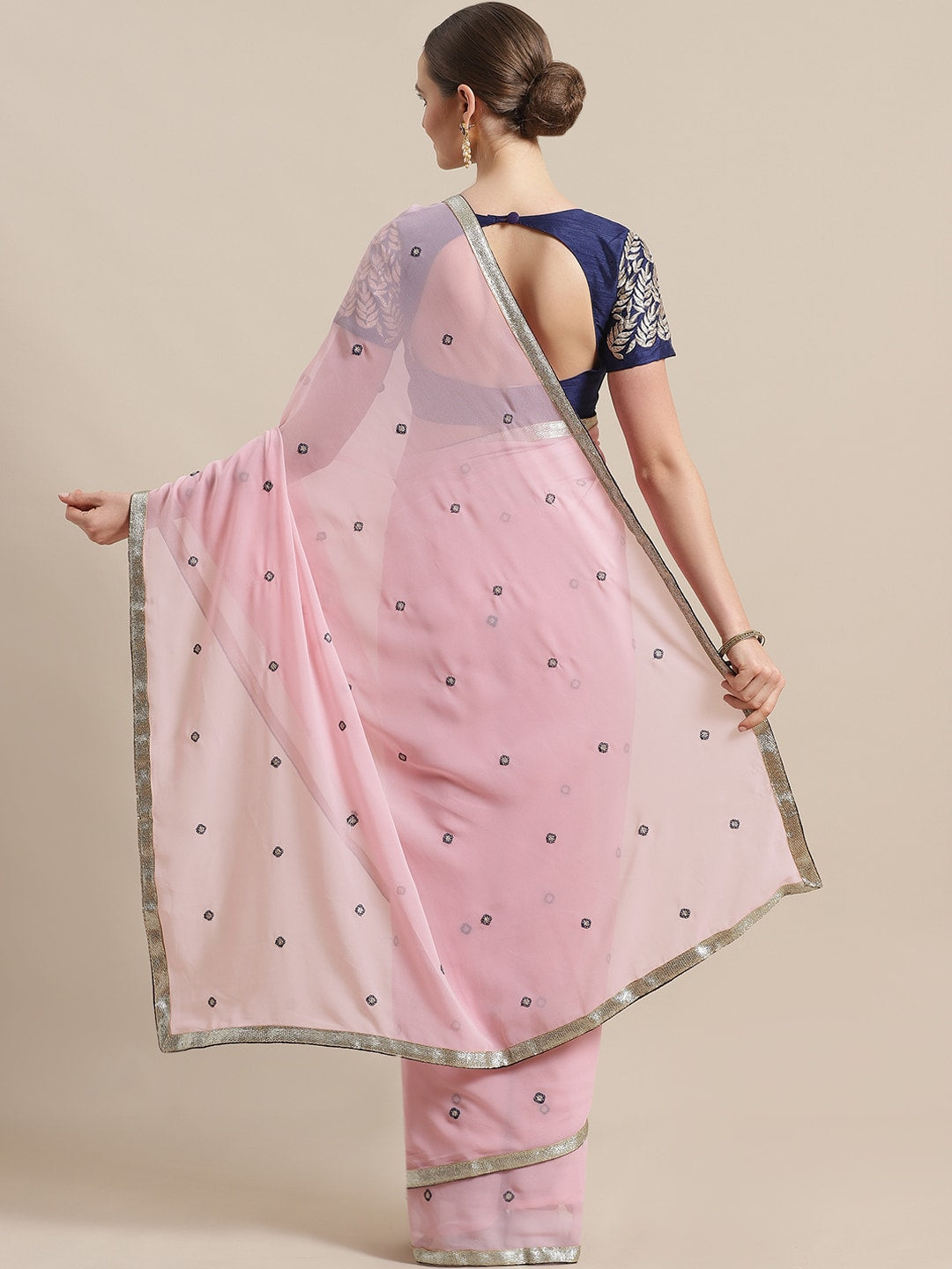 Saree Mall Pink & Navy Blue Embroidered Saree | Grocsy