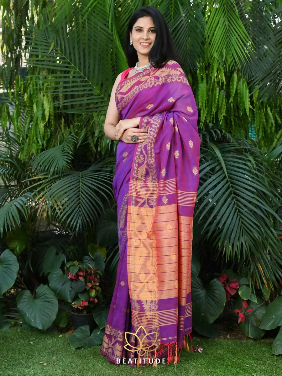 Exclusive Collection Beautiful Violet Pure Cotton Woven Handloom Saree With Running Blouse Piece | Grocsy