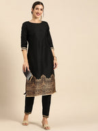 All About You Women Black & Gold Printed Regular Kurta with Trousers | Grocsy