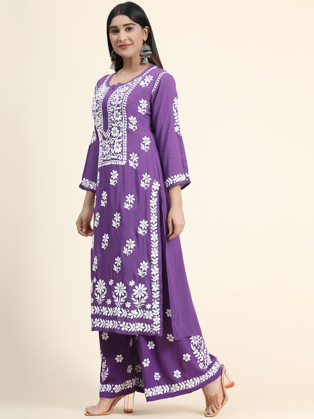 HOUSE OF KARI Women Purple Floral Embroidered Chikankari Pure Cotton Kurta with Palazzos | Grocsy