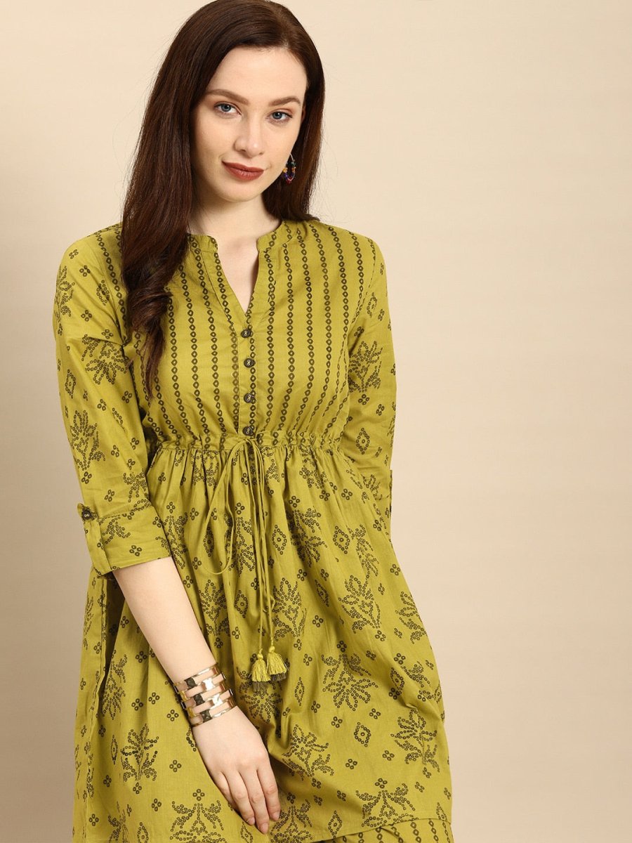 All About You Women Green Printed Pure Cotton Kurti with Palazzos | Grocsy