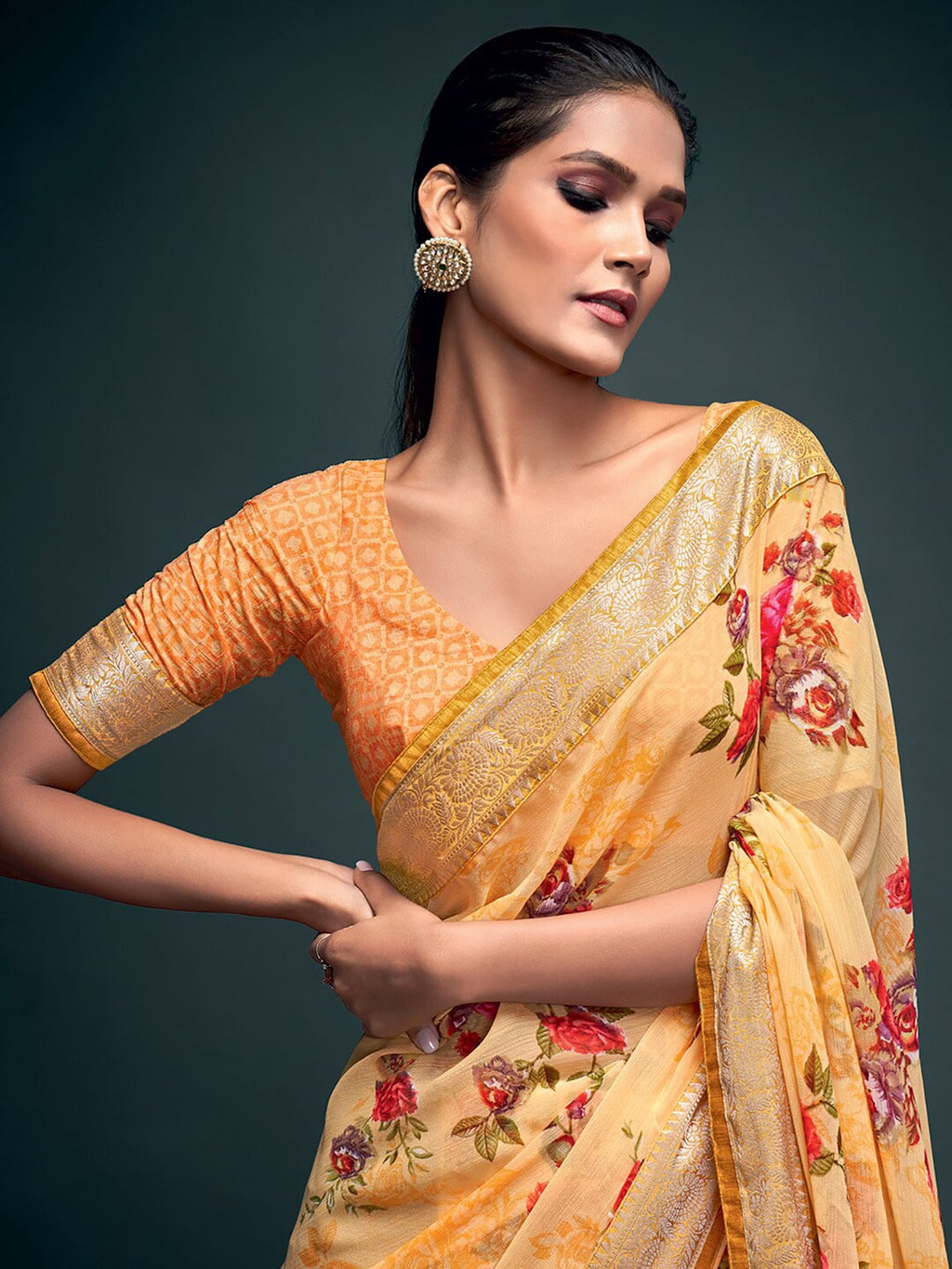 Saree Mall Yellow & Gold-Toned Floral Pure Georgette Banarasi Saree | Grocsy